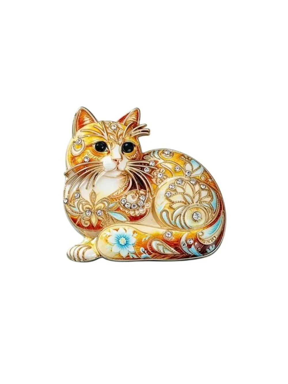 Enamel Ginger Cat Brooch With crystals & Gold-Tone Detailing Orange